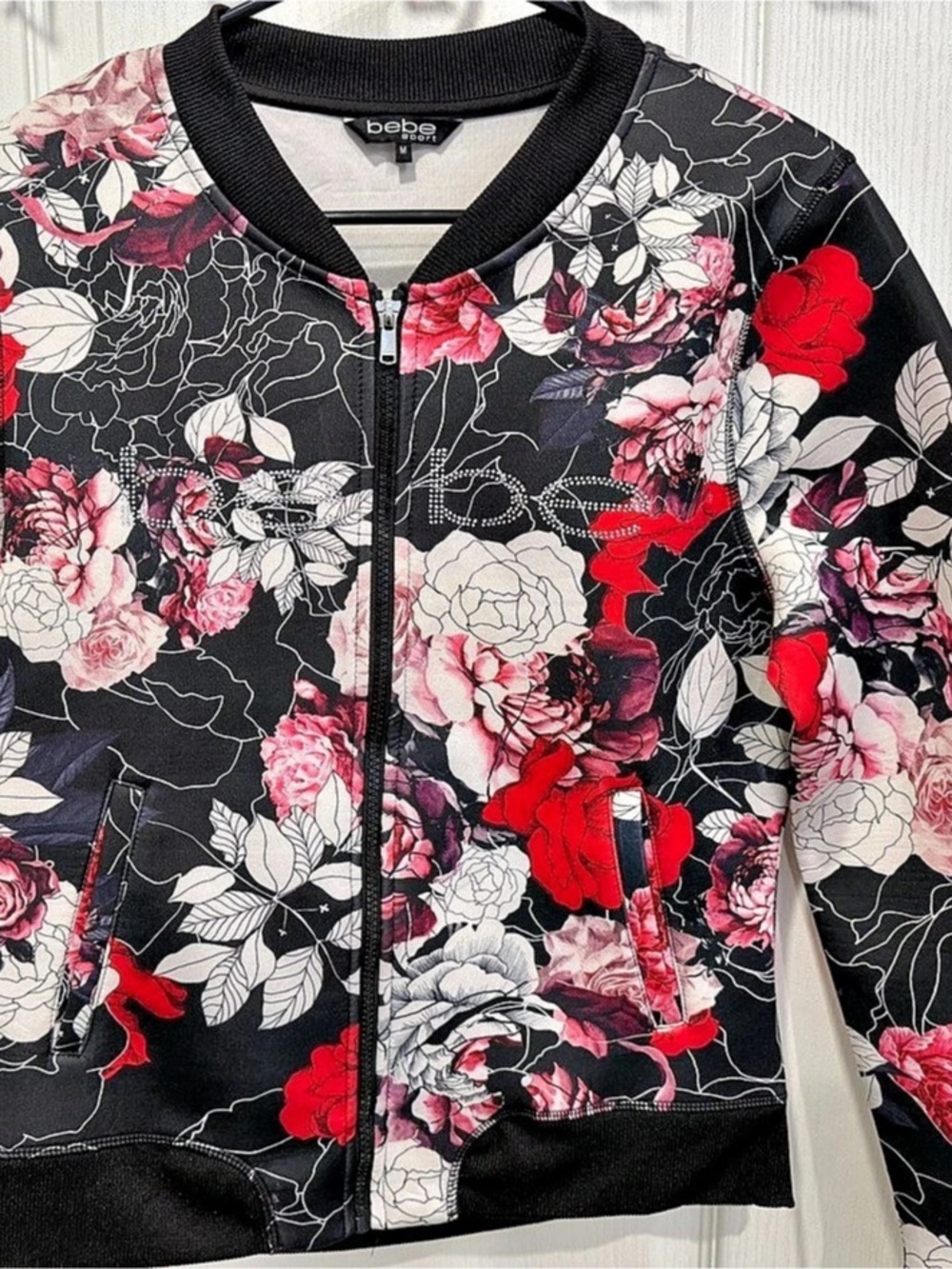 bebe Floral Bomber Jacket in Black & Pink Size Medium Like New
